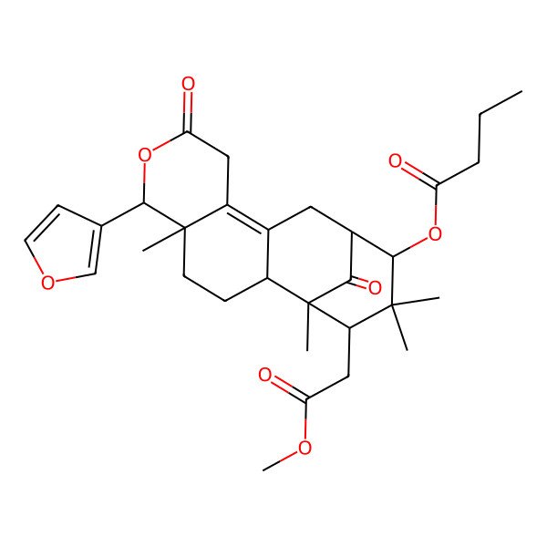2D Structure of [(1R,2S,5R,6R,13S,14R,16S)-6-(furan-3-yl)-16-(2-methoxy-2-oxoethyl)-1,5,15,15-tetramethyl-8,17-dioxo-7-oxatetracyclo[11.3.1.02,11.05,10]heptadec-10-en-14-yl] butanoate