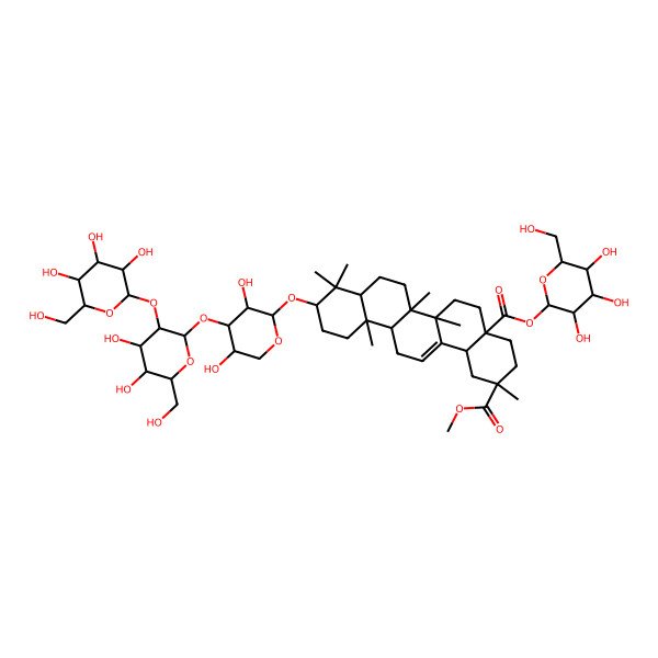 2D Structure of 2-O-methyl 4a-O-[(2S,3R,4S,5S,6R)-3,4,5-trihydroxy-6-(hydroxymethyl)oxan-2-yl] (2S,4aR,6aR,6aS,6bR,8aR,10S,12aR,14bR)-10-[(2S,3R,4S,5S)-4-[(2S,3R,4S,5S,6R)-4,5-dihydroxy-6-(hydroxymethyl)-3-[(2S,3R,4S,5S,6R)-3,4,5-trihydroxy-6-(hydroxymethyl)oxan-2-yl]oxyoxan-2-yl]oxy-3,5-dihydroxyoxan-2-yl]oxy-2,6a,6b,9,9,12a-hexamethyl-1,3,4,5,6,6a,7,8,8a,10,11,12,13,14b-tetradecahydropicene-2,4a-dicarboxylate
