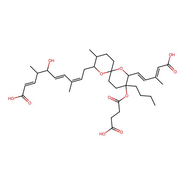 2D Structure of (2E,4R,5R,6E,8E)-10-[(2R,3S,6R,8S,9R)-3-butyl-2-[(1E,3E)-4-carboxy-3-methylbuta-1,3-dienyl]-3-(3-carboxypropanoyloxy)-9-methyl-1,7-dioxaspiro[5.5]undecan-8-yl]-5-hydroxy-4,8-dimethyldeca-2,6,8-trienoic acid