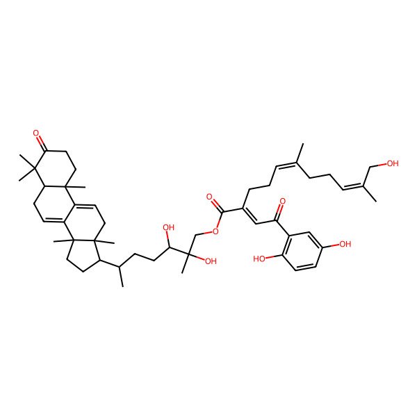 2D Structure of [2,3-Dihydroxy-2-methyl-6-(4,4,10,13,14-pentamethyl-3-oxo-1,2,5,6,12,15,16,17-octahydrocyclopenta[a]phenanthren-17-yl)heptyl] 2-[2-(2,5-dihydroxyphenyl)-2-oxoethylidene]-11-hydroxy-6,10-dimethylundeca-5,9-dienoate