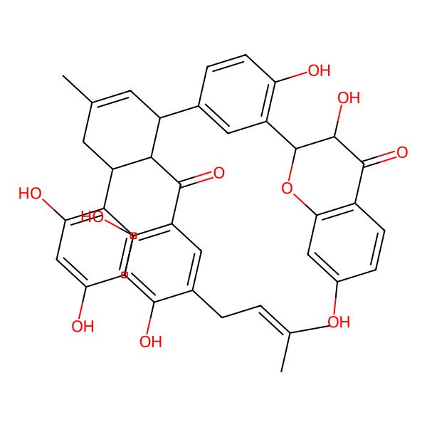2D Structure of (2R,3R)-2-[5-[(1R,5S,6R)-6-[2,4-dihydroxy-5-(3-methylbut-2-enyl)benzoyl]-5-(2,4-dihydroxyphenyl)-3-methylcyclohex-2-en-1-yl]-2-hydroxyphenyl]-3,7-dihydroxy-2,3-dihydrochromen-4-one