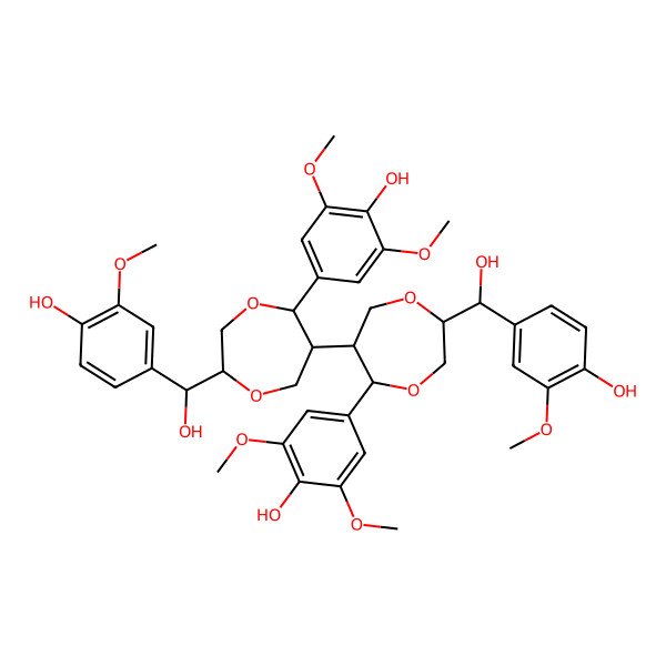 2D Structure of 4-[(2R,5S,6S)-6-[(2S,5S,6R)-5-(4-hydroxy-3,5-dimethoxyphenyl)-2-[(R)-hydroxy-(4-hydroxy-3-methoxyphenyl)methyl]-1,4-dioxepan-6-yl]-2-[(S)-hydroxy-(4-hydroxy-3-methoxyphenyl)methyl]-1,4-dioxepan-5-yl]-2,6-dimethoxyphenol