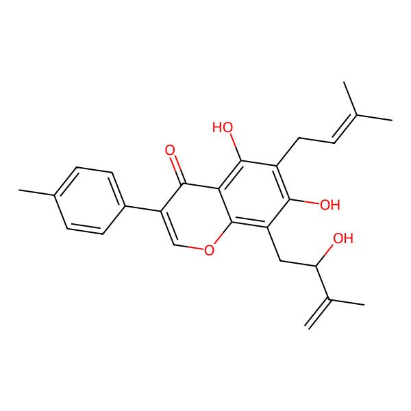 2D Structure of 5,7-dihydroxy-8-[(2R)-2-hydroxy-3-methylbut-3-enyl]-6-(3-methylbut-2-enyl)-3-(4-methylphenyl)chromen-4-one