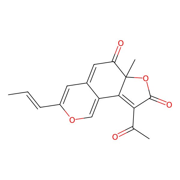 2D Structure of (6aR)-9-acetyl-6a-methyl-3-[(E)-prop-1-enyl]uro[2,3-h]isochromene-6,8-dione
