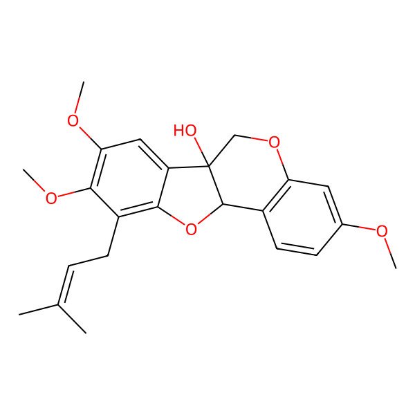 2D Structure of (6aR,11aR)-3,8,9-trimethoxy-10-(3-methylbut-2-enyl)-6,11a-dihydro-[1]benzofuro[3,2-c]chromen-6a-ol