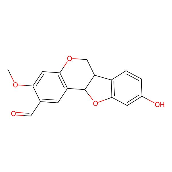 2D Structure of (6aR,11aR)-9-hydroxy-3-methoxy-6a,11a-dihydro-6H-[1]benzofuro[3,2-c]chromene-2-carbaldehyde