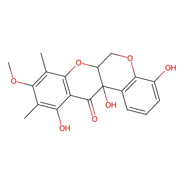 2D Structure of (6aR,12aS)-4,11,12a-trihydroxy-9-methoxy-8,10-dimethyl-6,6a-dihydrochromeno[3,4-b]chromen-12-one