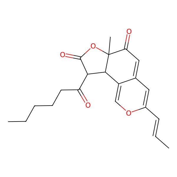 2D Structure of (6aR,9R,9aR)-9-hexanoyl-6a-methyl-3-[(E)-prop-1-enyl]-9,9a-dihydrofuro[2,3-h]isochromene-6,8-dione