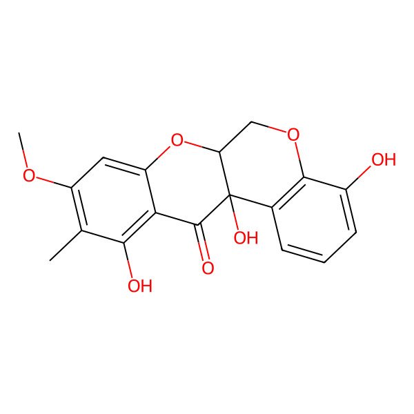 2D Structure of (6aS,12aR)-4,11,12a-trihydroxy-9-methoxy-10-methyl-6,6a-dihydrochromeno[3,4-b]chromen-12-one