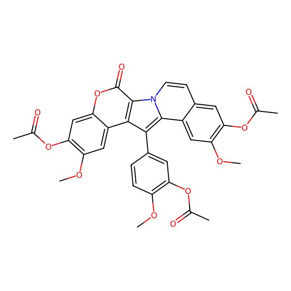 2D Structure of [5-(7,17-Diacetyloxy-8,16-dimethoxy-3-oxo-4-oxa-1-azapentacyclo[11.8.0.02,11.05,10.014,19]henicosa-2(11),5,7,9,12,14,16,18,20-nonaen-12-yl)-2-methoxyphenyl] acetate