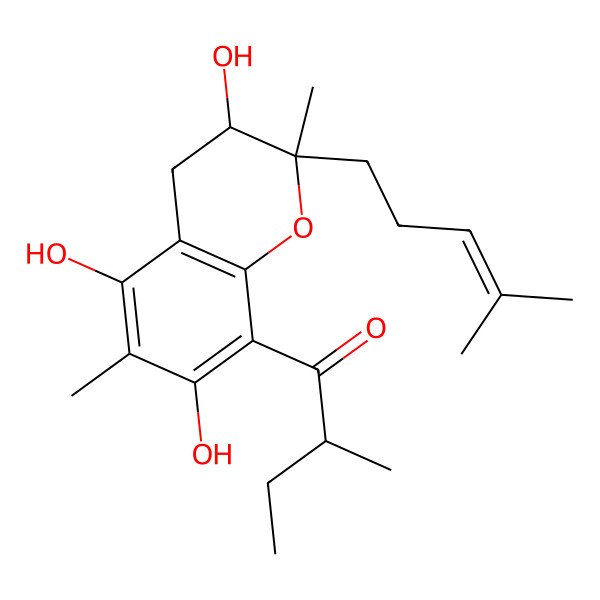 2D Structure of (2R)-2-methyl-1-[(2S,3R)-3,5,7-trihydroxy-2,6-dimethyl-2-(4-methylpent-3-enyl)-3,4-dihydrochromen-8-yl]butan-1-one