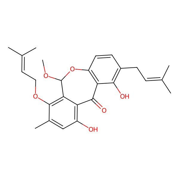 2D Structure of (6S)-1,10-dihydroxy-6-methoxy-8-methyl-7-(3-methylbut-2-enoxy)-2-(3-methylbut-2-enyl)-6H-benzo[c][1]benzoxepin-11-one