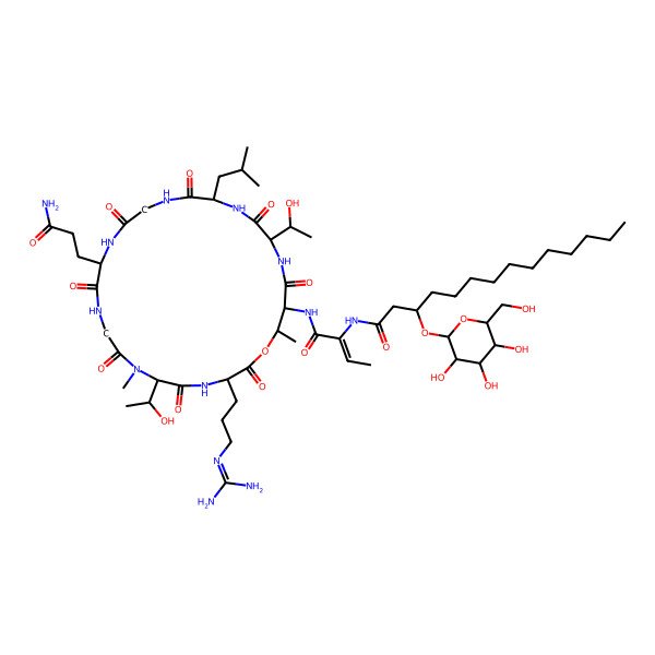 2D Structure of N-[1-[[12-(3-amino-3-oxopropyl)-3-[3-(diaminomethylideneamino)propyl]-6,21-bis(1-hydroxyethyl)-7,25-dimethyl-18-(2-methylpropyl)-2,5,8,11,14,17,20,23-octaoxo-1-oxa-4,7,10,13,16,19,22-heptazacyclopentacos-24-yl]amino]-1-oxobut-2-en-2-yl]-3-[3,4,5-trihydroxy-6-(hydroxymethyl)oxan-2-yl]oxytetradecanamide