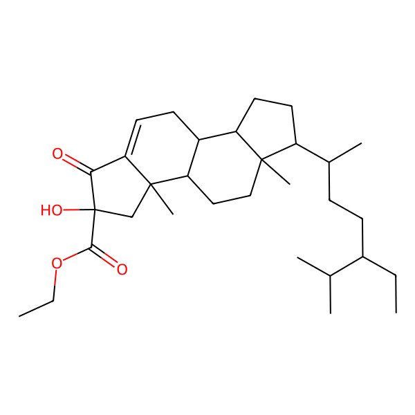 2D Structure of ethyl (2S,3aR,3bS,5aR,6R,8aS,8bS)-6-[(2R,5S)-5-ethyl-6-methylheptan-2-yl]-2-hydroxy-3a,5a-dimethyl-1-oxo-3,3b,4,5,6,7,8,8a,8b,9-decahydroindeno[5,4-e]indene-2-carboxylate