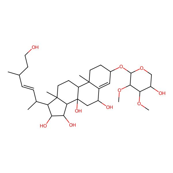 2D Structure of (3S,6R,8S,9R,10R,13R,14S,15R,16R,17R)-3-[(2S,3R,4S,5R)-5-hydroxy-3,4-dimethoxyoxan-2-yl]oxy-17-[(E,2R)-7-hydroxy-5-methylhept-3-en-2-yl]-10,13-dimethyl-1,2,3,6,7,9,11,12,14,15,16,17-dodecahydrocyclopenta[a]phenanthrene-6,8,15,16-tetrol