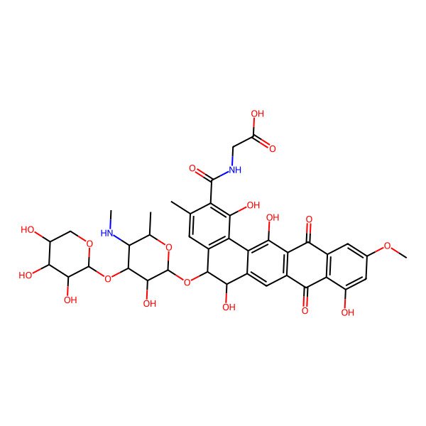 2D Structure of 2-[[1,6,9,14-Tetrahydroxy-5-[3-hydroxy-6-methyl-5-(methylamino)-4-(3,4,5-trihydroxyoxan-2-yl)oxyoxan-2-yl]oxy-11-methoxy-3-methyl-8,13-dioxo-5,6-dihydrobenzo[a]tetracene-2-carbonyl]amino]acetic acid