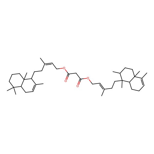 2D Structure of 3-O-[(E)-5-[(1S,2R,4aR,8aS)-1,2,4a,5-tetramethyl-2,3,4,7,8,8a-hexahydronaphthalen-1-yl]-3-methylpent-2-enyl] 1-O-[(E)-5-[(1R,4aS,8aS)-2,5,5,8a-tetramethyl-1,4,4a,6,7,8-hexahydronaphthalen-1-yl]-3-methylpent-2-enyl] propanedioate