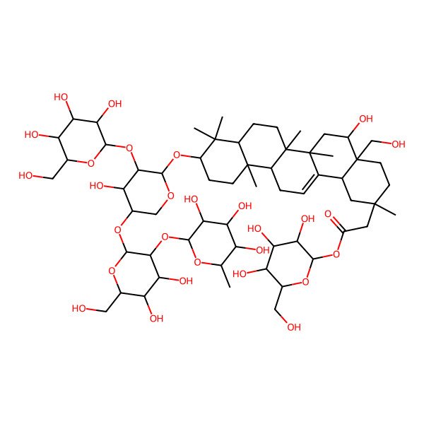 2D Structure of [(2S,3R,4S,5S,6R)-3,4,5-trihydroxy-6-(hydroxymethyl)oxan-2-yl] 2-[(2S,4aS,5R,6aR,6aS,6bR,8aR,10S,12aR,14bS)-10-[(2S,3R,4S,5S)-5-[(2S,3R,4S,5S,6R)-4,5-dihydroxy-6-(hydroxymethyl)-3-[(2S,3R,4R,5R,6S)-3,4,5-trihydroxy-6-methyloxan-2-yl]oxyoxan-2-yl]oxy-4-hydroxy-3-[(2S,3R,4S,5S,6R)-3,4,5-trihydroxy-6-(hydroxymethyl)oxan-2-yl]oxyoxan-2-yl]oxy-5-hydroxy-4a-(hydroxymethyl)-2,6a,6b,9,9,12a-hexamethyl-1,3,4,5,6,6a,7,8,8a,10,11,12,13,14b-tetradecahydropicen-2-yl]acetate