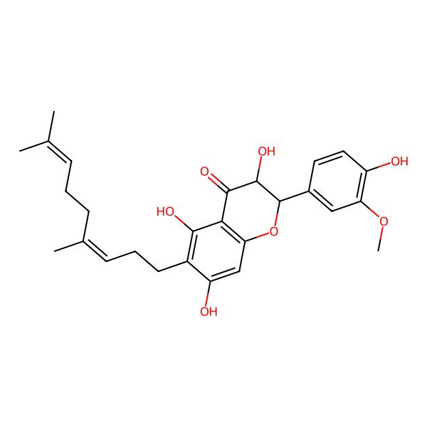 2D Structure of (2R,3R)-6-[(3E)-4,8-dimethylnona-3,7-dienyl]-3,5,7-trihydroxy-2-(4-hydroxy-3-methoxyphenyl)-2,3-dihydrochromen-4-one