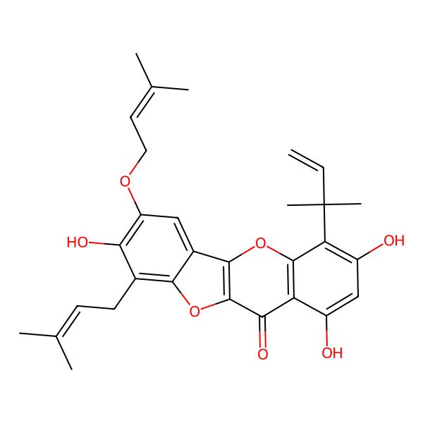 2D Structure of 1,3,8-Trihydroxy-7-(3-methylbut-2-enoxy)-4-(2-methylbut-3-en-2-yl)-9-(3-methylbut-2-enyl)-[1]benzofuro[3,2-b]chromen-11-one