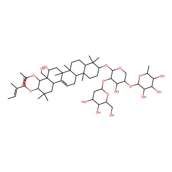 2D Structure of [4-Acetyloxy-10-[3-[4,5-dihydroxy-6-(hydroxymethyl)oxan-2-yl]oxy-4-hydroxy-5-(3,4,5-trihydroxy-6-methyloxan-2-yl)oxyoxan-2-yl]oxy-5-hydroxy-4a-(hydroxymethyl)-2,2,6a,6b,9,9,12a-heptamethyl-1,3,4,5,6,6a,7,8,8a,10,11,12,13,14b-tetradecahydropicen-3-yl] 2-methylbut-2-enoate