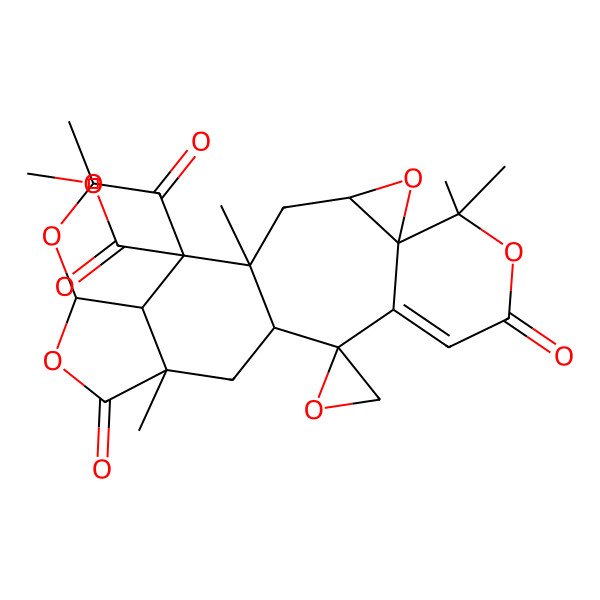 2D Structure of Methyl 2,7,7,15,20-pentamethyl-9,16,21-trioxospiro[5,8,17,19-tetraoxahexacyclo[13.6.1.02,13.04,6.06,11.018,22]docos-10-ene-12,2'-oxirane]-1-carboxylate