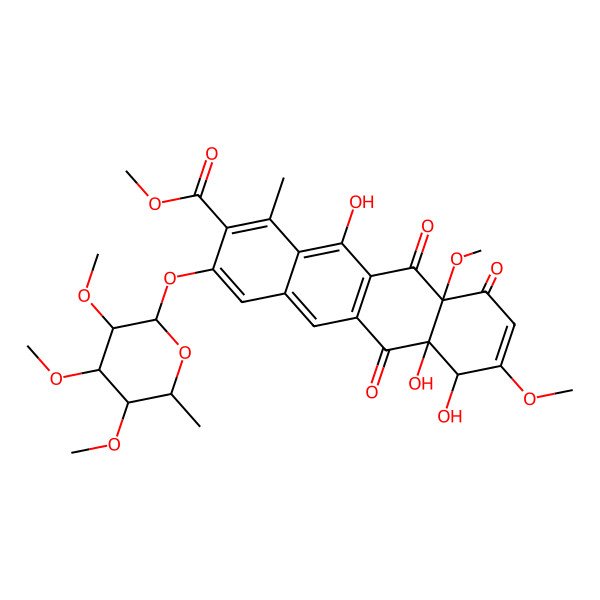 2D Structure of methyl 6a,7,12-trihydroxy-8,10a-dimethoxy-1-methyl-6,10,11-trioxo-3-(3,4,5-trimethoxy-6-methyloxan-2-yl)oxy-7H-tetracene-2-carboxylate