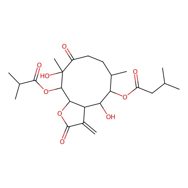 2D Structure of [(3aR,4R,5R,6R,10R,11R,11aS)-4,10-dihydroxy-6,10-dimethyl-3-methylidene-11-(2-methylpropanoyloxy)-2,9-dioxo-3a,4,5,6,7,8,11,11a-octahydrocyclodeca[b]furan-5-yl] 3-methylbutanoate