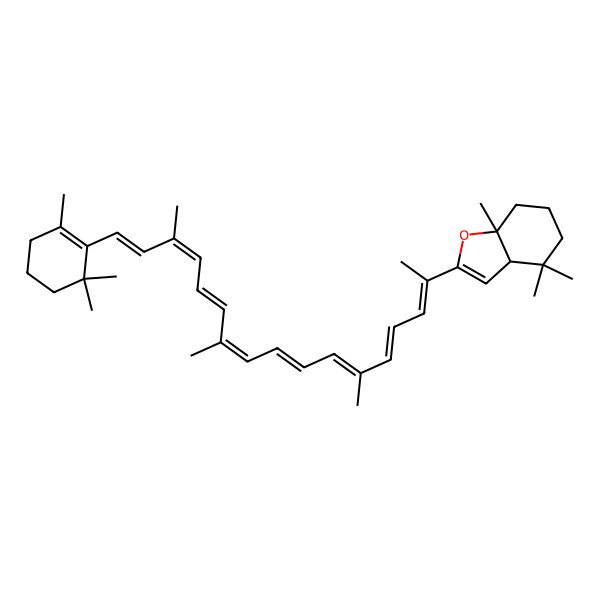 2D Structure of (3aR,7aS)-4,4,7a-trimethyl-2-[(2E,4E,6E,8E,10E,12E,14E,16E)-6,11,15-trimethyl-17-(2,6,6-trimethylcyclohexen-1-yl)heptadeca-2,4,6,8,10,12,14,16-octaen-2-yl]-3a,5,6,7-tetrahydro-1-benzofuran