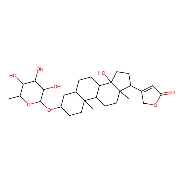 2D Structure of 3-[14-hydroxy-10,13-dimethyl-3-(3,4,5-trihydroxy-6-methyloxan-2-yl)oxy-1,2,3,4,5,6,7,8,9,11,12,15,16,17-tetradecahydrocyclopenta[a]phenanthren-17-yl]-2H-furan-5-one