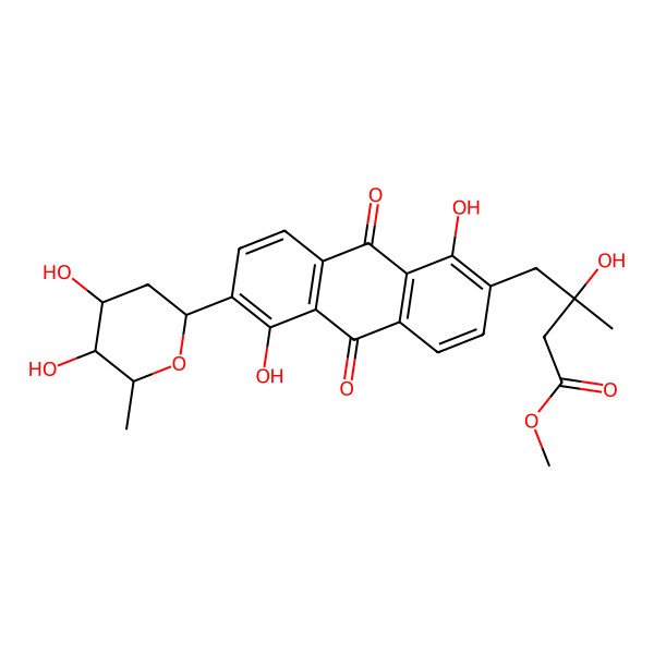 2D Structure of methyl (3R)-4-[6-[(2R,4R,5S,6R)-4,5-dihydroxy-6-methyloxan-2-yl]-1,5-dihydroxy-9,10-dioxoanthracen-2-yl]-3-hydroxy-3-methylbutanoate