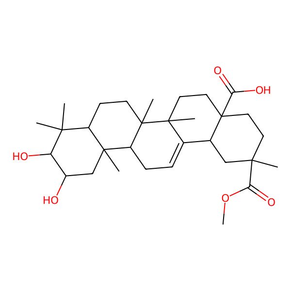 2D Structure of 10,11-Dihydroxy-2-methoxycarbonyl-2,6a,6b,9,9,12a-hexamethyl-1,3,4,5,6,6a,7,8,8a,10,11,12,13,14b-tetradecahydropicene-4a-carboxylic acid