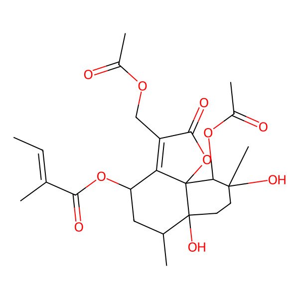 2D Structure of [10-Acetyloxy-3-(acetyloxymethyl)-6a,9-dihydroxy-6,9-dimethyl-2-oxo-4,5,6,7,8,10-hexahydrobenzo[h][1]benzofuran-4-yl] 2-methylbut-2-enoate