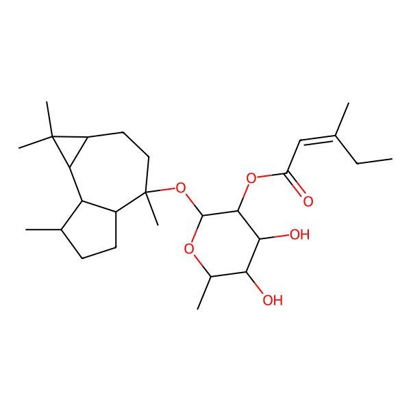 2D Structure of [4,5-dihydroxy-6-methyl-2-[(1,1,4,7-tetramethyl-2,3,4a,5,6,7,7a,7b-octahydro-1aH-cyclopropa[e]azulen-4-yl)oxy]oxan-3-yl] 3-methylpent-2-enoate