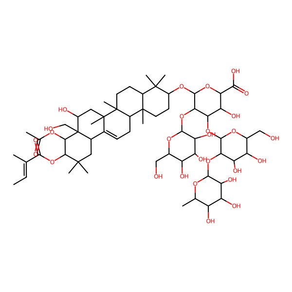 2D Structure of (2S,3S,4S,5R,6R)-6-[[(3S,4aR,6aR,6bS,8R,8aR,9R,10R,12aS,14aR,14bR)-9-acetyloxy-8-hydroxy-8a-(hydroxymethyl)-4,4,6a,6b,11,11,14b-heptamethyl-10-[(E)-2-methylbut-2-enoyl]oxy-1,2,3,4a,5,6,7,8,9,10,12,12a,14,14a-tetradecahydropicen-3-yl]oxy]-4-[(2S,3R,4S,5R,6R)-4,5-dihydroxy-6-(hydroxymethyl)-3-[(2S,3R,4R,5R,6S)-3,4,5-trihydroxy-6-methyloxan-2-yl]oxyoxan-2-yl]oxy-3-hydroxy-5-[(2S,3R,4S,5S,6R)-3,4,5-trihydroxy-6-(hydroxymethyl)oxan-2-yl]oxyoxane-2-carboxylic acid