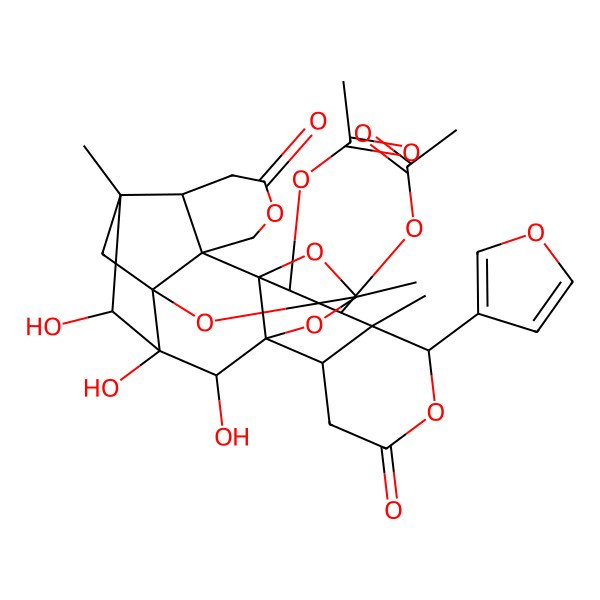 2D Structure of [17-Acetyloxy-20-(furan-3-yl)-2,3,4-trihydroxy-5,14,19-trimethyl-8,22-dioxo-9,13,15,21,25-pentaoxaoctacyclo[12.10.1.15,12.01,16.03,12.06,11.011,16.019,24]hexacosan-18-yl] acetate