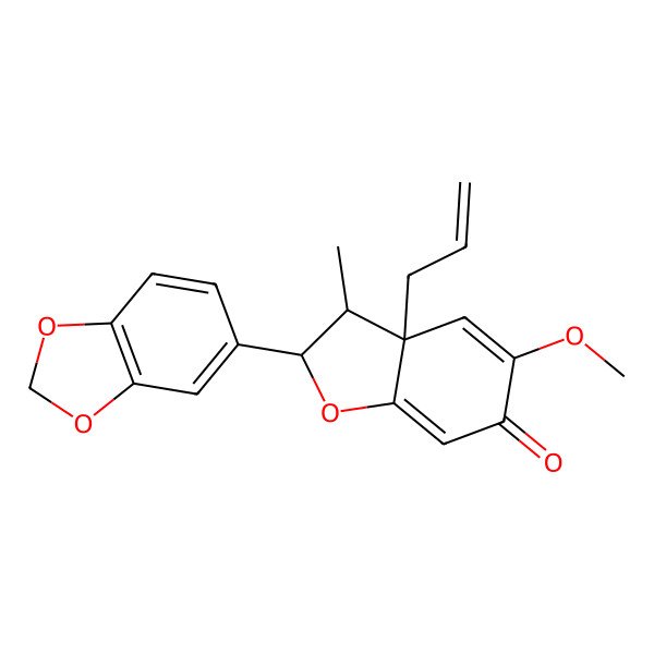 2D Structure of (2S,3R,3aS)-2-(1,3-benzodioxol-5-yl)-5-methoxy-3-methyl-3a-prop-2-enyl-2,3-dihydro-1-benzofuran-6-one