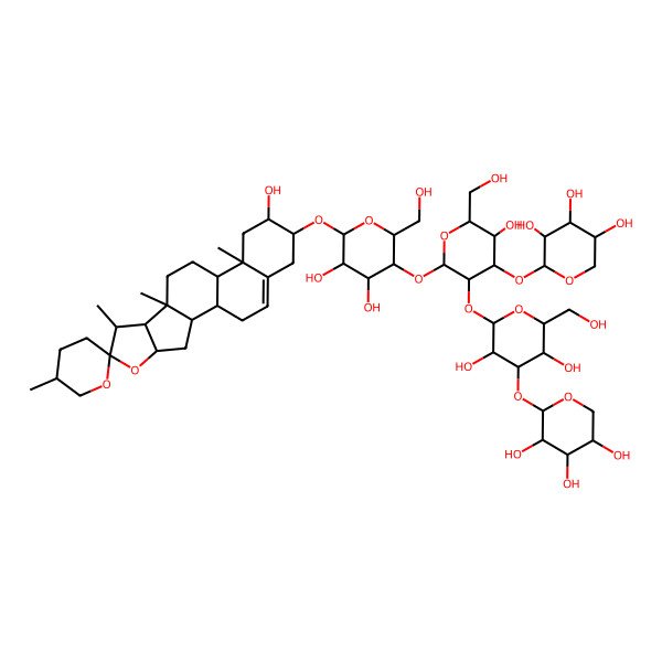 2D Structure of (2S,3R,4S,5R)-2-[(2S,3R,4S,5R,6R)-2-[(2S,3R,4S,5R,6R)-2-[(2R,3R,4R,5R,6R)-4,5-dihydroxy-2-(hydroxymethyl)-6-[(1S,2S,4S,5'R,6R,7S,8R,9S,12S,13R,15R,16R)-15-hydroxy-5',7,9,13-tetramethylspiro[5-oxapentacyclo[10.8.0.02,9.04,8.013,18]icos-18-ene-6,2'-oxane]-16-yl]oxyoxan-3-yl]oxy-5-hydroxy-6-(hydroxymethyl)-4-[(2S,3R,4S,5R)-3,4,5-trihydroxyoxan-2-yl]oxyoxan-3-yl]oxy-3,5-dihydroxy-6-(hydroxymethyl)oxan-4-yl]oxyoxane-3,4,5-triol