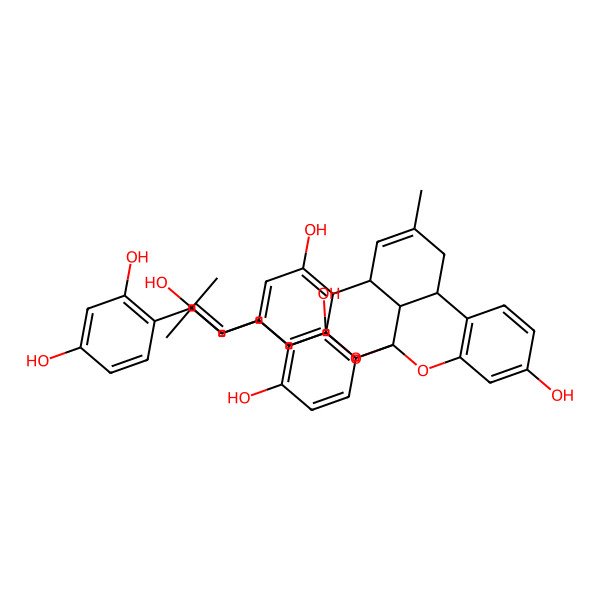 2D Structure of (1R,9S,13R,21R)-1-[2,4-dihydroxy-3-(3-hydroxy-3-methylbutyl)phenyl]-17-[(E)-2-(2,4-dihydroxyphenyl)ethenyl]-11-methyl-2,20-dioxapentacyclo[11.7.1.03,8.09,21.014,19]henicosa-3(8),4,6,11,14,16,18-heptaene-5,15-diol
