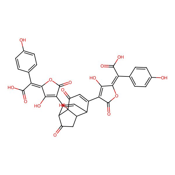 2D Structure of (2E)-2-[4-[(1R,4R,7S,8S)-11-[(5E)-5-[carboxy-(4-hydroxyphenyl)methylidene]-4-hydroxy-2-oxofuran-3-yl]-8-hydroxy-5,9-dioxo-3-tricyclo[5.4.0.04,8]undeca-2,10-dienyl]-3-hydroxy-5-oxofuran-2-ylidene]-2-(4-hydroxyphenyl)acetic acid
