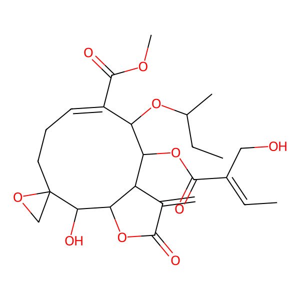 2D Structure of methyl 5-butan-2-yloxy-11-hydroxy-4-[2-(hydroxymethyl)but-2-enoyloxy]-3-methylidene-2-oxospiro[4,5,8,9,11,11a-hexahydro-3aH-cyclodeca[b]furan-10,2'-oxirane]-6-carboxylate