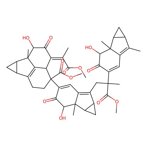 2D Structure of methyl (1S,2R,4S,8R,9R,10Z,12R)-8-[(1aR,1bS,2R,6aS)-6-[(2R)-2-[(1aR,1bS,2R,6aS)-2-hydroxy-1b,6-dimethyl-3-oxo-1,1a,2,6a-tetrahydrocyclopropa[a]inden-4-yl]-3-methoxy-2-methyl-3-oxopropyl]-2-hydroxy-1b-methyl-3-oxo-1,1a,2,6a-tetrahydrocyclopropa[a]inden-4-yl]-12-hydroxy-10-(1-methoxy-1-oxopropan-2-ylidene)-1-methyl-11-oxotetracyclo[7.3.1.02,4.05,13]tridec-5(13)-ene-8-carboxylate