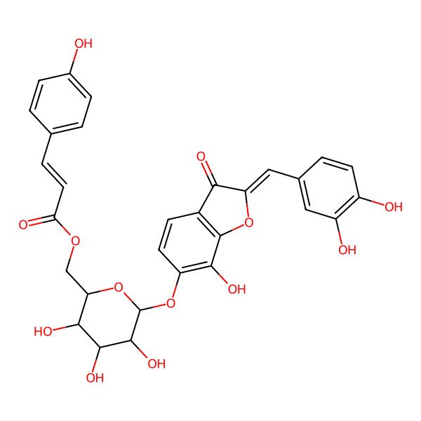 2D Structure of [(2R,3R,4S,5S,6S)-6-[[(2Z)-2-[(3,4-dihydroxyphenyl)methylidene]-7-hydroxy-3-oxo-1-benzofuran-6-yl]oxy]-3,4,5-trihydroxyoxan-2-yl]methyl (E)-3-(4-hydroxyphenyl)prop-2-enoate