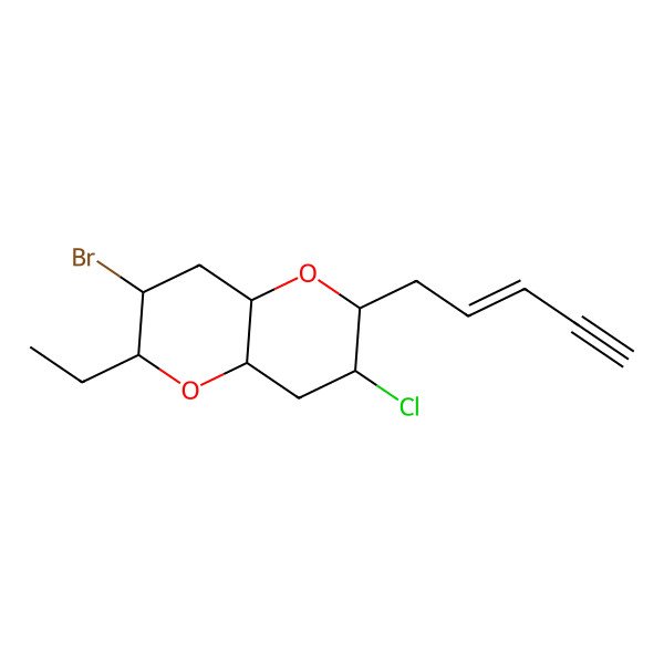 2D Structure of (2S,3S,4aR,6S,7S,8aR)-3-bromo-7-chloro-2-ethyl-6-pent-2-en-4-ynyl-2,3,4,4a,6,7,8,8a-octahydropyrano[3,2-b]pyran