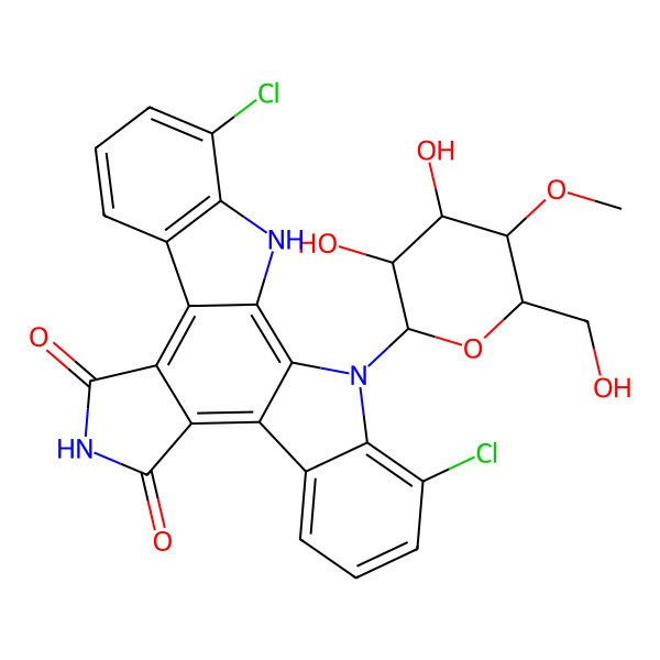 2D Structure of 5,21-Dichloro-3-[3,4-dihydroxy-6-(hydroxymethyl)-5-methoxyoxan-2-yl]-3,13,23-triazahexacyclo[14.7.0.02,10.04,9.011,15.017,22]tricosa-1,4(9),5,7,10,15,17(22),18,20-nonaene-12,14-dione
