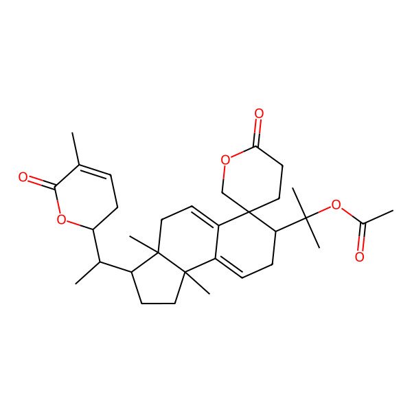 2D Structure of 2-[3a,9b-Dimethyl-3-[1-(5-methyl-6-oxo-2,3-dihydropyran-2-yl)ethyl]-2'-oxospiro[1,2,3,4,7,8-hexahydrocyclopenta[a]naphthalene-6,5'-oxane]-7-yl]propan-2-yl acetate