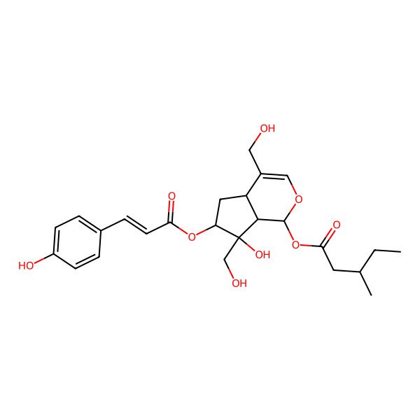 2D Structure of [(1S,4aS,6S,7R,7aS)-7-hydroxy-4,7-bis(hydroxymethyl)-6-[(Z)-3-(4-hydroxyphenyl)prop-2-enoyl]oxy-4a,5,6,7a-tetrahydro-1H-cyclopenta[c]pyran-1-yl] (3S)-3-methylpentanoate
