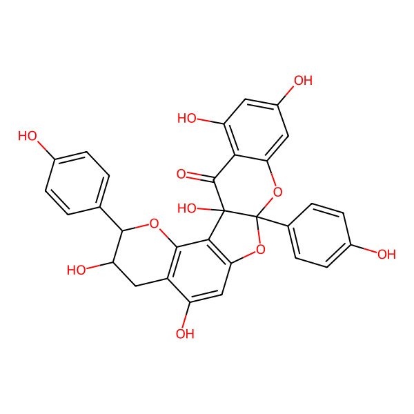 2D Structure of 1,6,9,17,19-Pentahydroxy-5,13-bis(4-hydroxyphenyl)-4,12,14-trioxapentacyclo[11.8.0.02,11.03,8.015,20]henicosa-2(11),3(8),9,15,17,19-hexaen-21-one