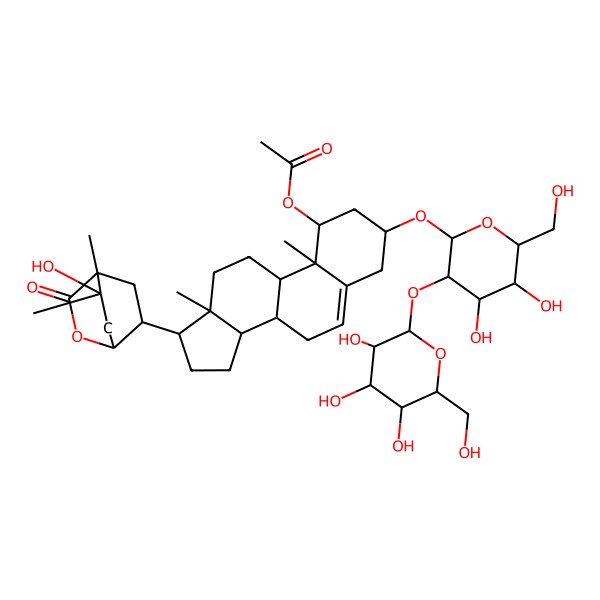 2D Structure of [(1S,3R,8S,9S,10R,13S,14S,17R)-3-[(2R,3R,4S,5S,6R)-4,5-dihydroxy-6-(hydroxymethyl)-3-[(2S,3R,4S,5S,6R)-3,4,5-trihydroxy-6-(hydroxymethyl)oxan-2-yl]oxyoxan-2-yl]oxy-17-[(1R,4R,6R,8R)-8-hydroxy-4,8-dimethyl-3-oxo-2-oxabicyclo[2.2.2]octan-6-yl]-10,13-dimethyl-2,3,4,7,8,9,11,12,14,15,16,17-dodecahydro-1H-cyclopenta[a]phenanthren-1-yl] acetate