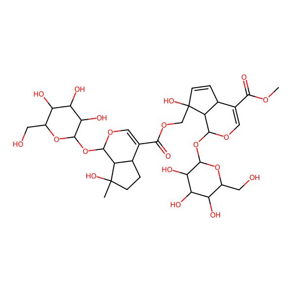 2D Structure of methyl (1S,4aS,7S,7aS)-7-[[(1S,4aS,7S,7aS)-7-hydroxy-7-methyl-1-[(2S,3R,4S,5S,6R)-3,4,5-trihydroxy-6-(hydroxymethyl)oxan-2-yl]oxy-4a,5,6,7a-tetrahydro-1H-cyclopenta[c]pyran-4-carbonyl]oxymethyl]-7-hydroxy-1-[(2S,3R,4S,5S,6R)-3,4,5-trihydroxy-6-(hydroxymethyl)oxan-2-yl]oxy-4a,7a-dihydro-1H-cyclopenta[c]pyran-4-carboxylate